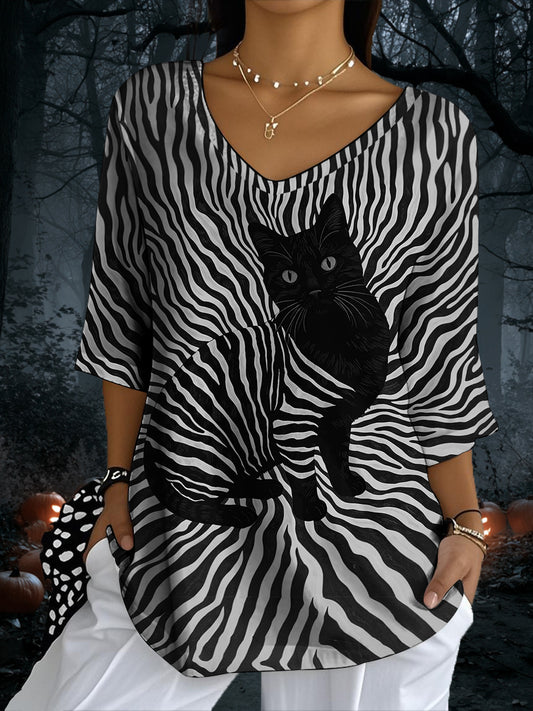 Women's Black Cat Stripes Print Casual Half-Sleeve Top