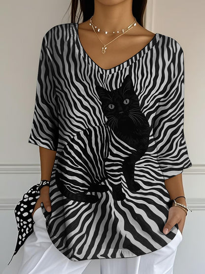 Women's Black Cat Stripes Print Casual Half-Sleeve Top
