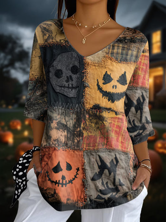 Women's Halloween Retro Pumpkin Face Print Top
