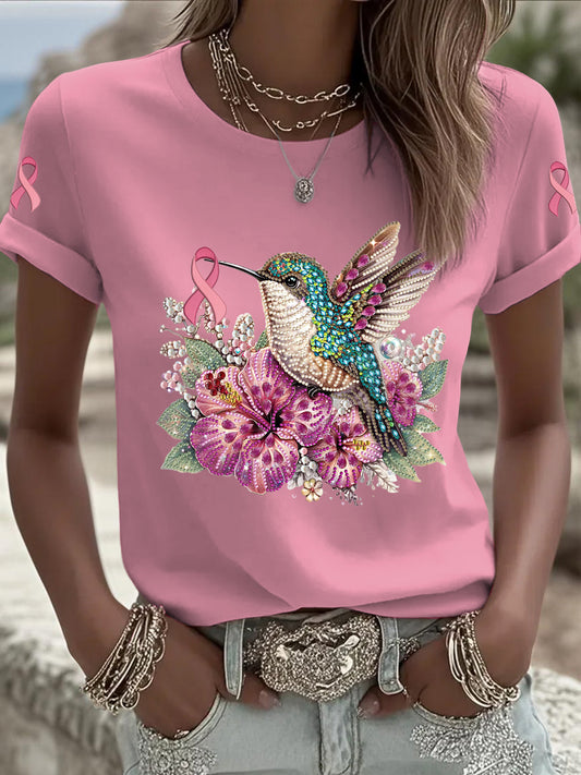 Women's Breast Cancer Sequins Hummingbird Printed Vintage Fashion Loose Short Sleeve T-Shirt