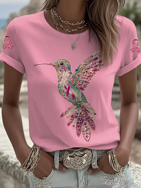 Women's Breast Cancer Sequins Hummingbird Printed Vintage Fashion Loose Short Sleeve T-Shirt