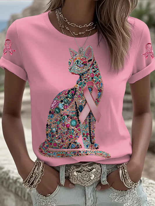 Women's Breast Cancer Cat Printed Vintage Fashion Loose Short Sleeve T-Shirt