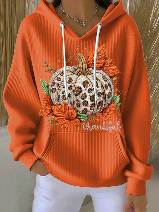 Women's Vintage Thanksgiving Pumpkin Maple Leaf Art Casual Hoodie