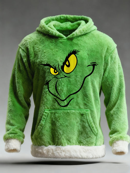 Men's Funny Classic Christmas Cartoon Character Print Casual Plush Pocket Hoodie