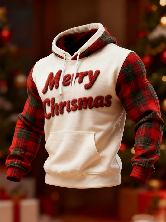 Men's Merry Christmas Red Plaid Print Casual Hoodie
