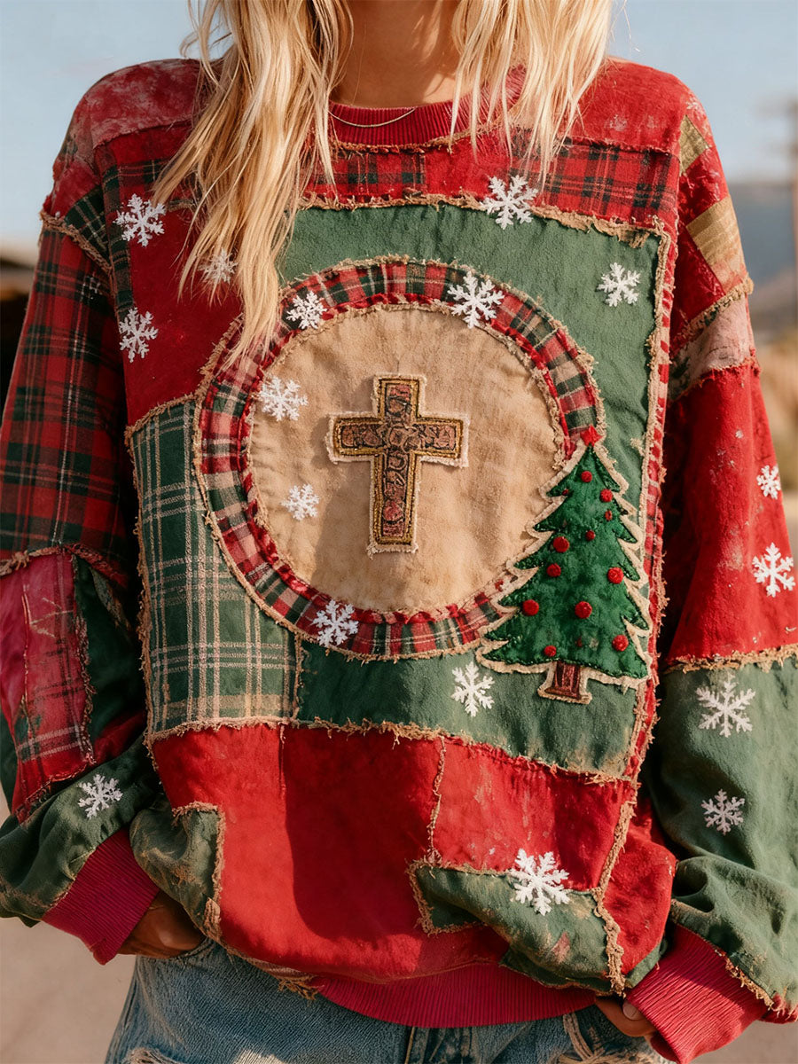 Women's Christmas Inspired Patchwork Art Vintage Sweatshirt