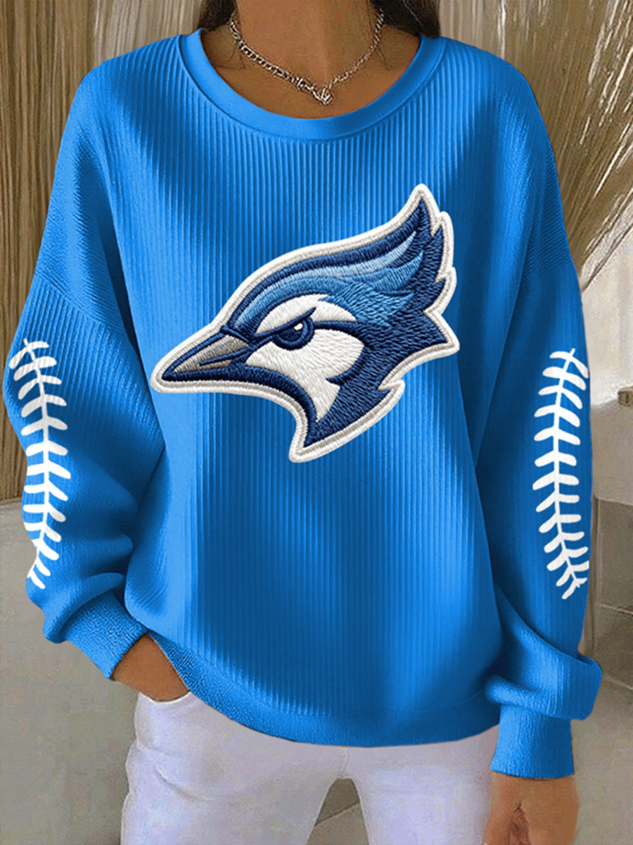 Women's Baseball Ribbed Round-Neck Sweatshirt