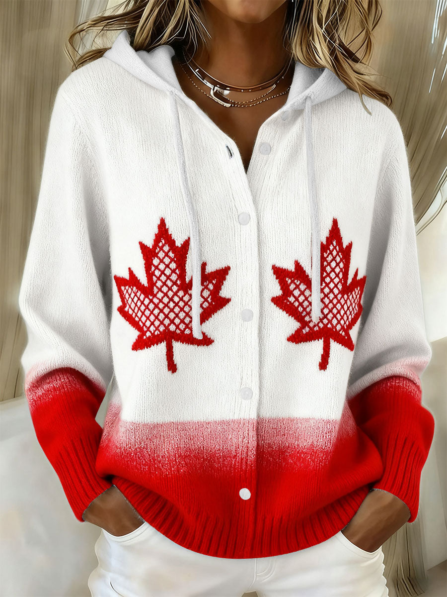 Women's Maple Leaf Knit Hooded Cardigan
