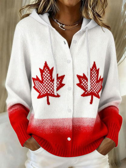 Women's Maple Leaf Knit Hooded Cardigan