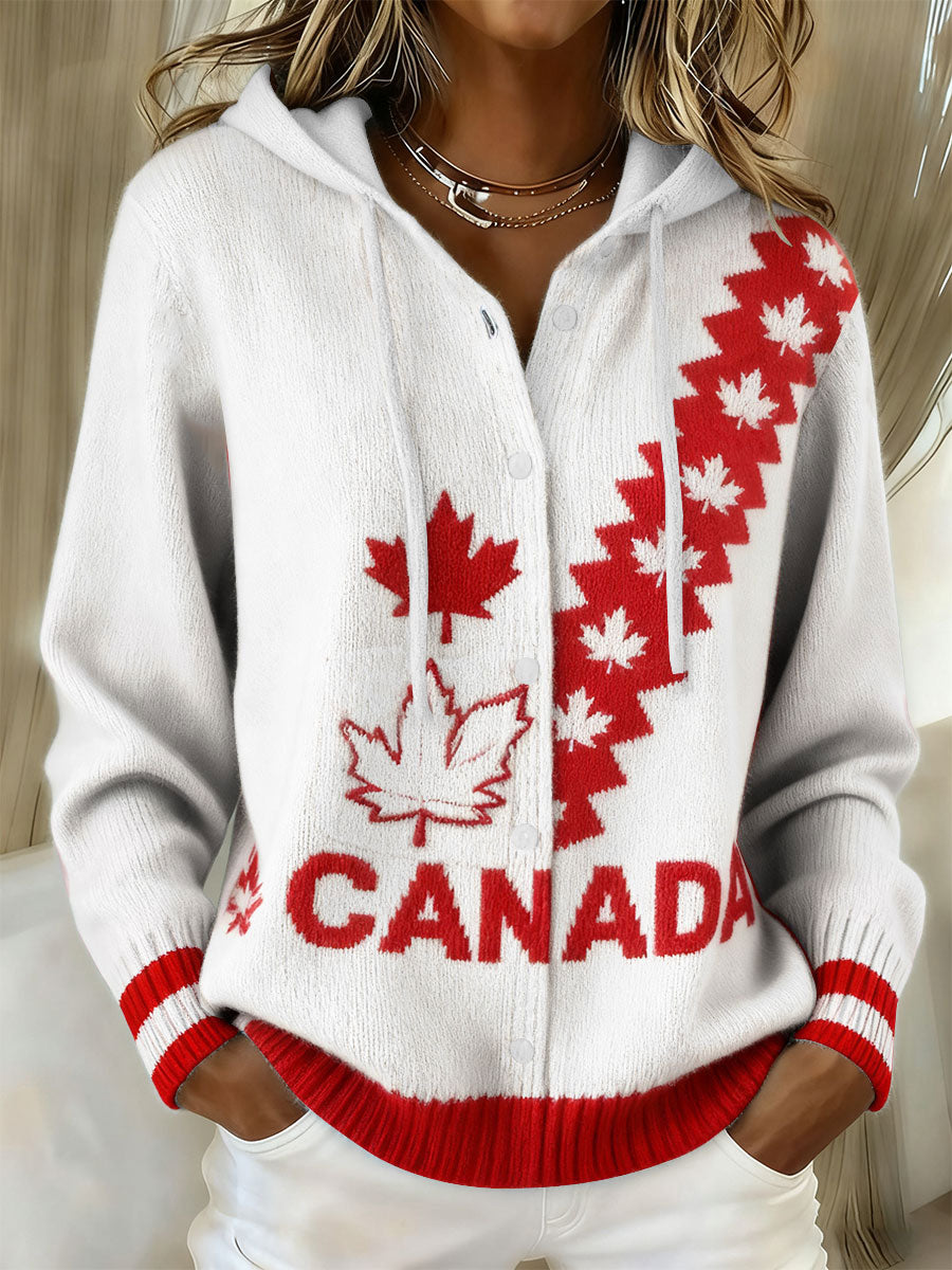 Women's CANADA Maple Leaf Knit Hooded Cardigan
