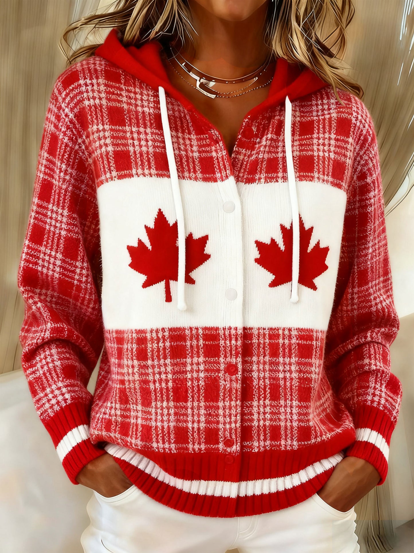 Women's Maple Leaf Knit Hooded Cardigan
