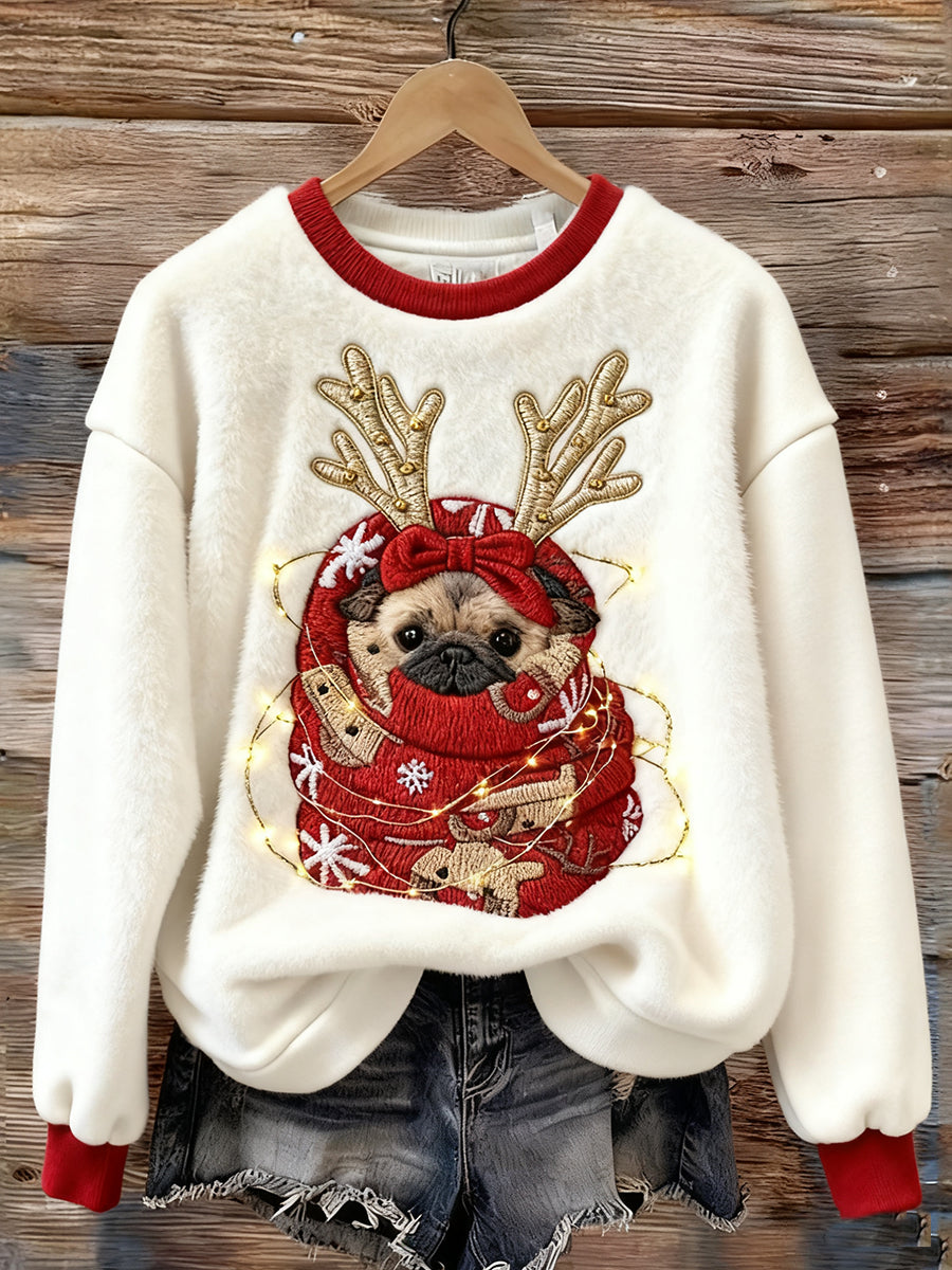 Women's Cute Christmas Dog Art Print Casual Flannel Sweatshirt
