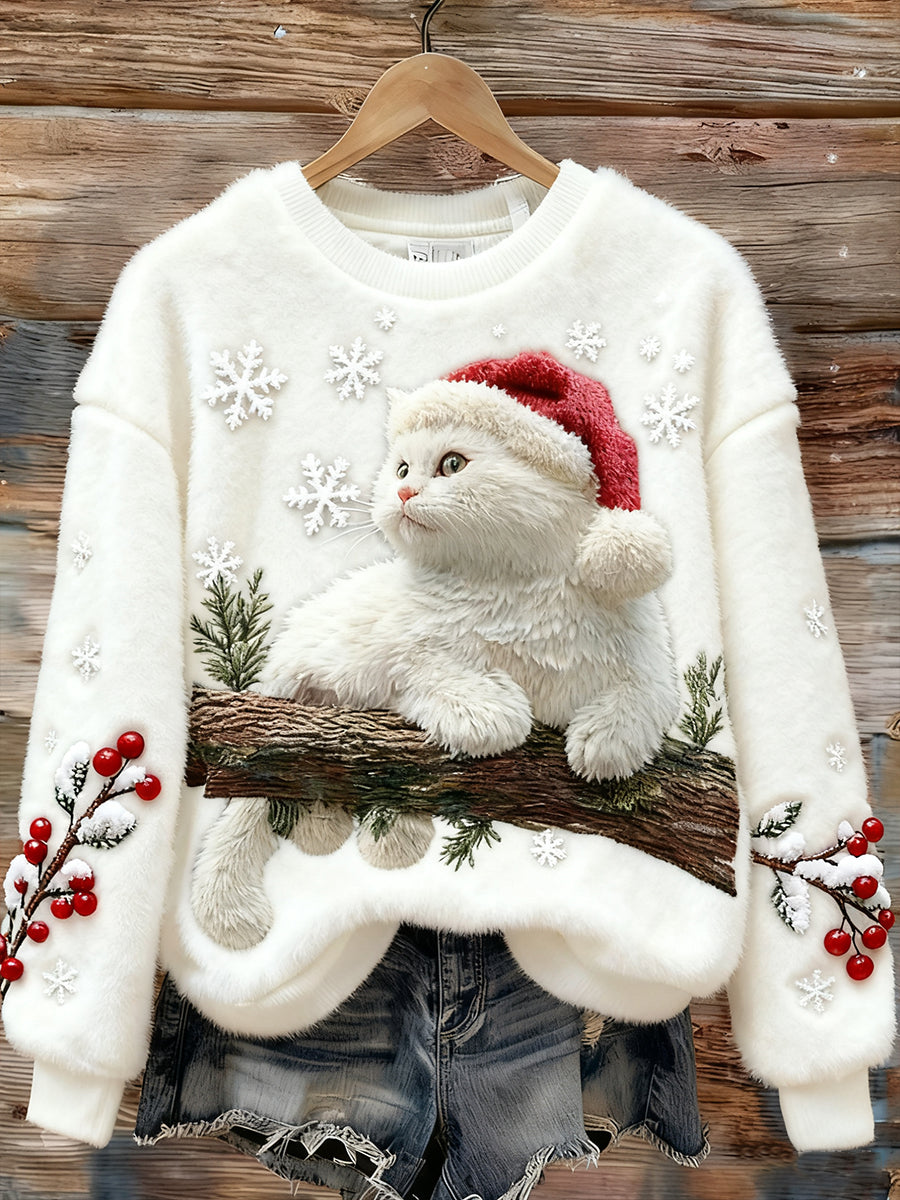 Women's Cute Christmas Cat Art Print Casual Flannel Sweatshirt