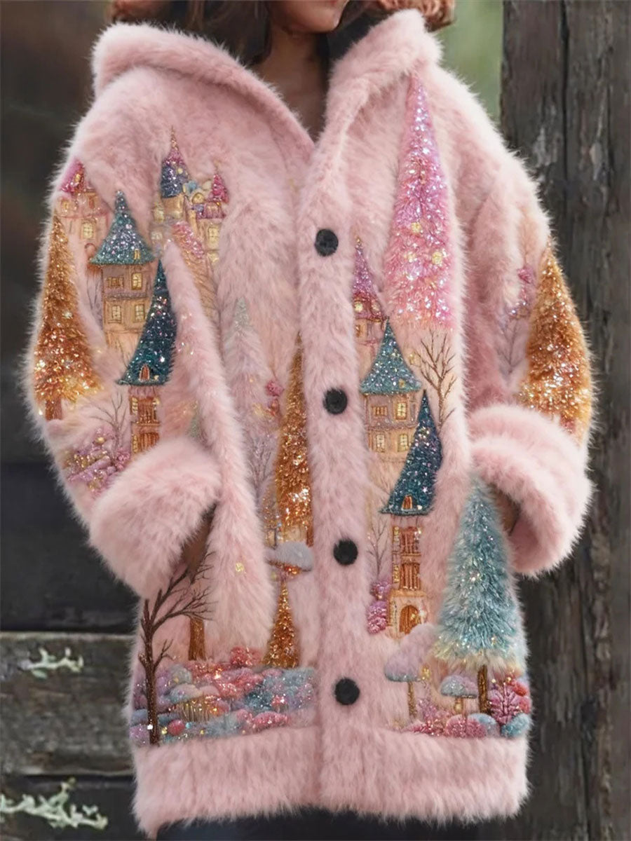 Women's Christmas Tree Print Casual Plush Jacket