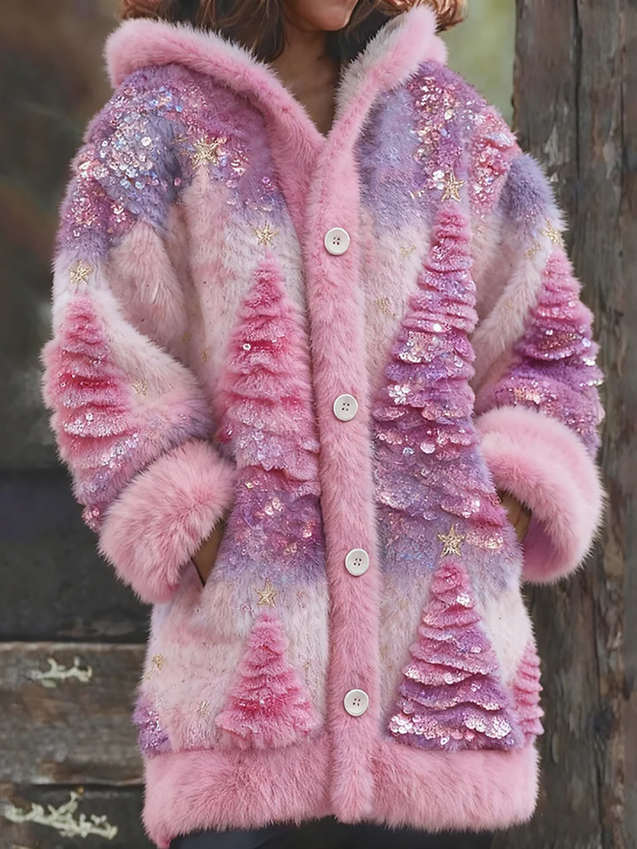 Women's Christmas Tree Print Casual Plush Jacket