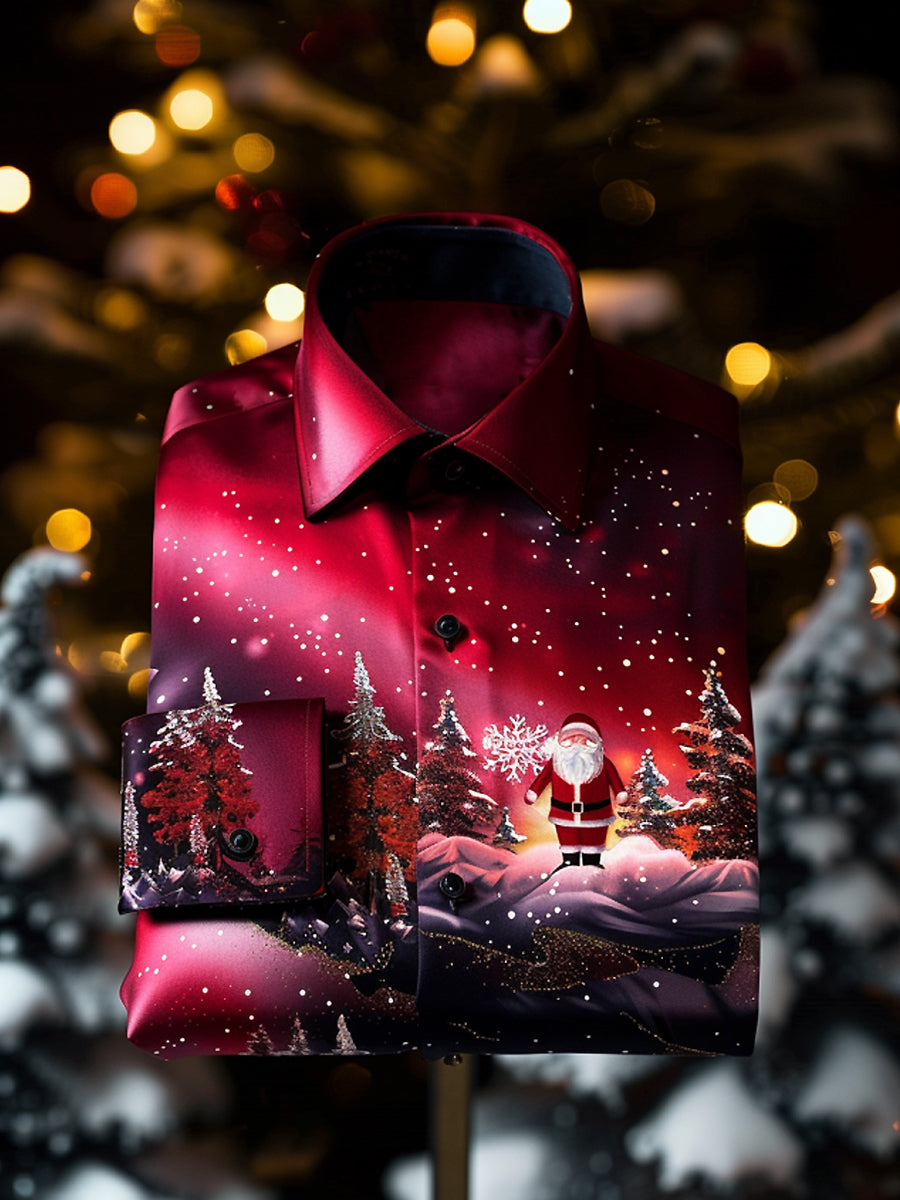 Vintage Christmas Santa Snow Scene Satin Long-Sleeve Shirt