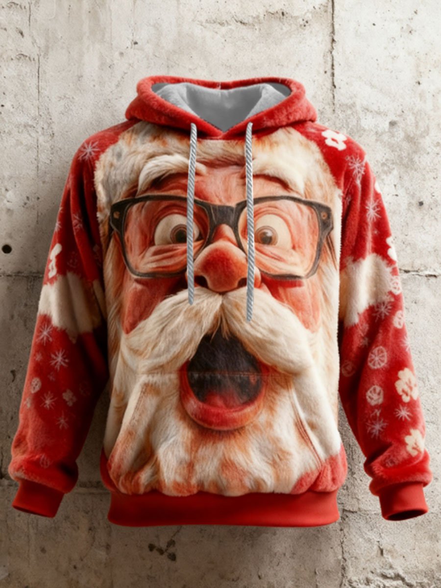 Men's Santa Claus Print Casual Flannel Hooded Sweatshirt