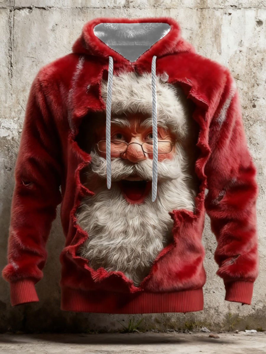 Men's Santa Claus Print Casual Flannel Hoodie Sweatshirt