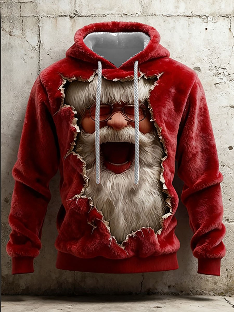 Men's Santa Claus Print Casual Flannel Hoodie Sweatshirt