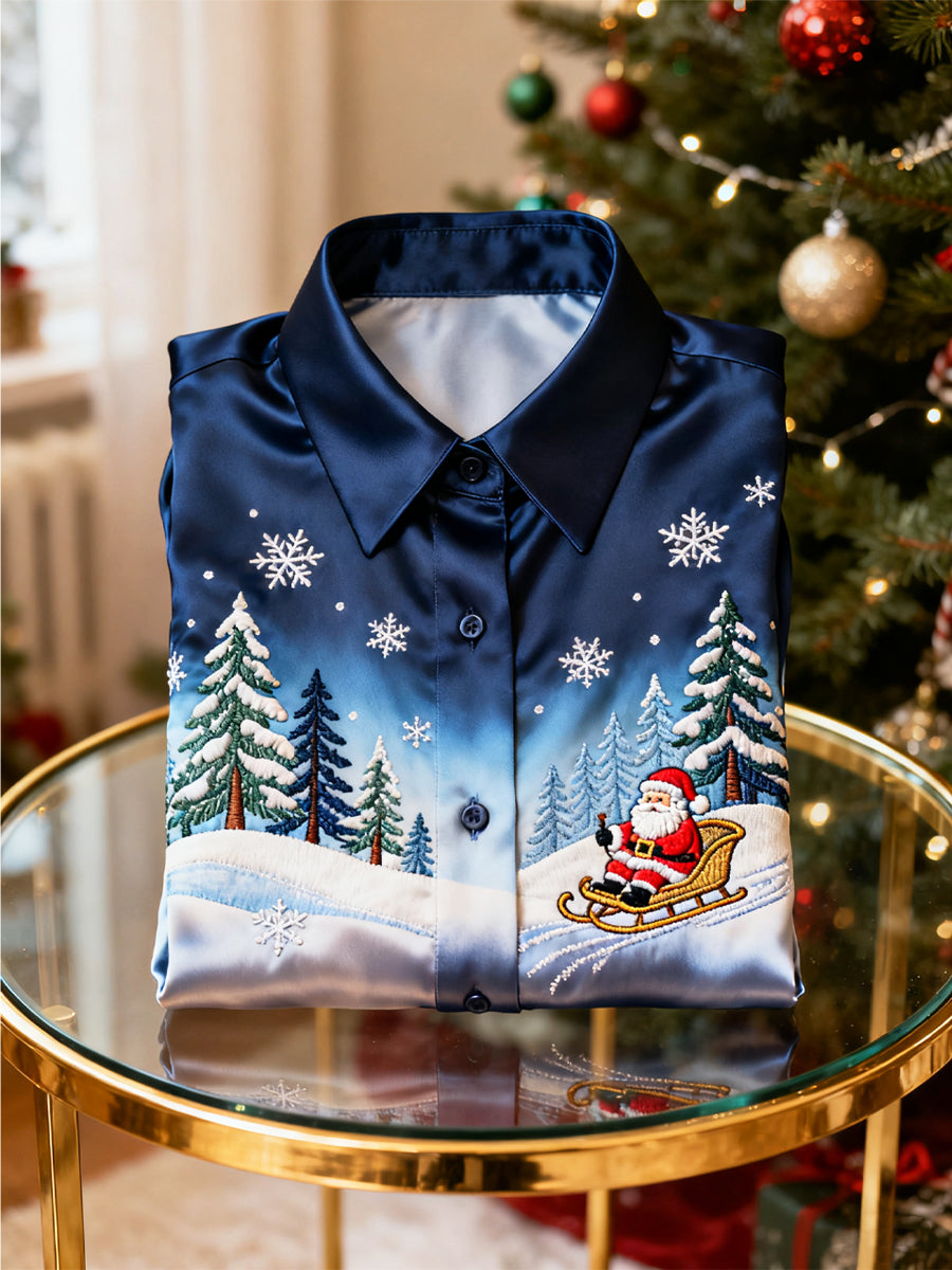 Retro Christmas Snow Santa Claus Satin Business Shirt