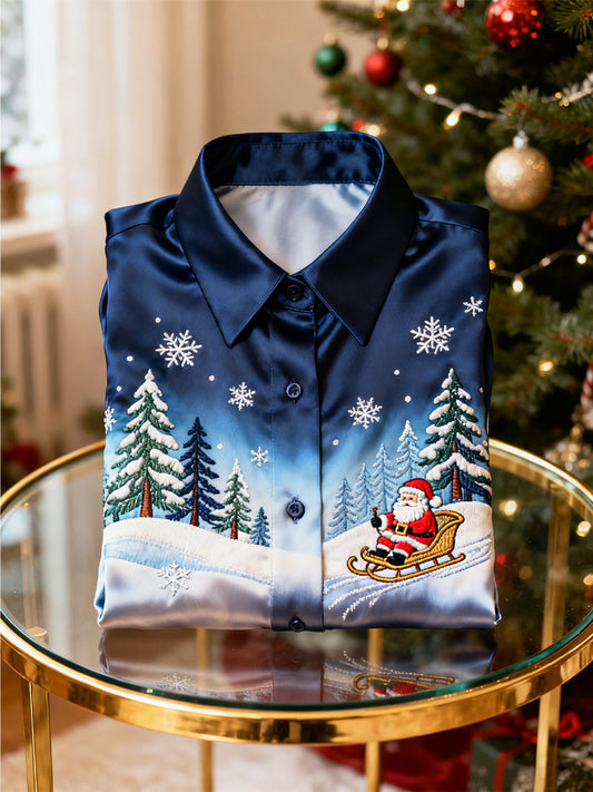 Retro Christmas Snow Santa Claus Satin Business Shirt
