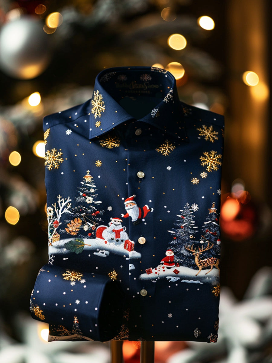 Retro Christmas Snowflake Santa Claus Premium Satin Long-Sleeve Shirt