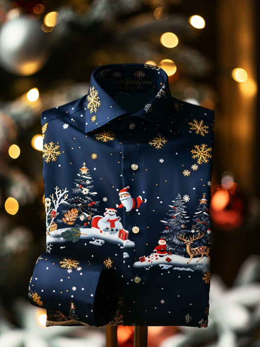 Retro Christmas Snowflake Santa Claus Premium Satin Long-Sleeve Shirt
