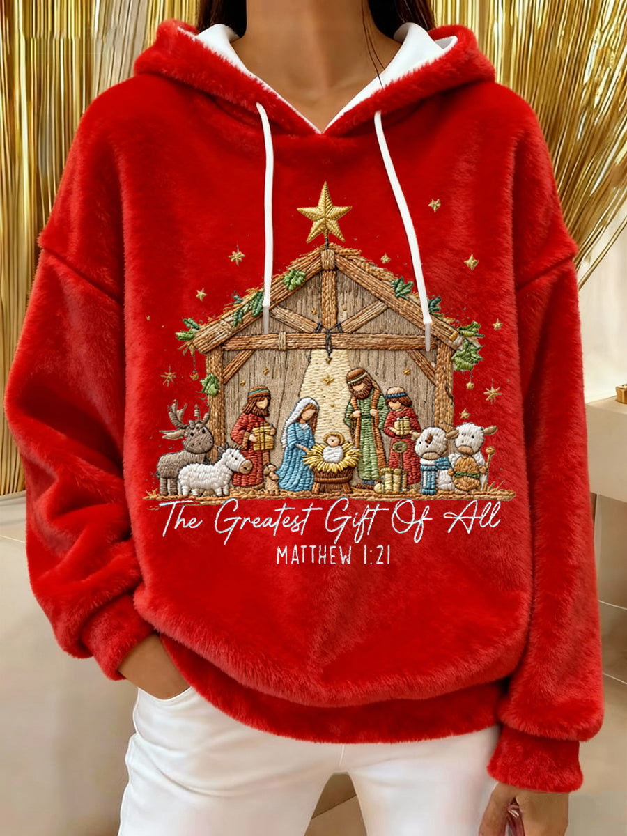 Women's The Greatest Gift Of All Jesus Nativity Christian Christmas Casual Flannel Hoodie