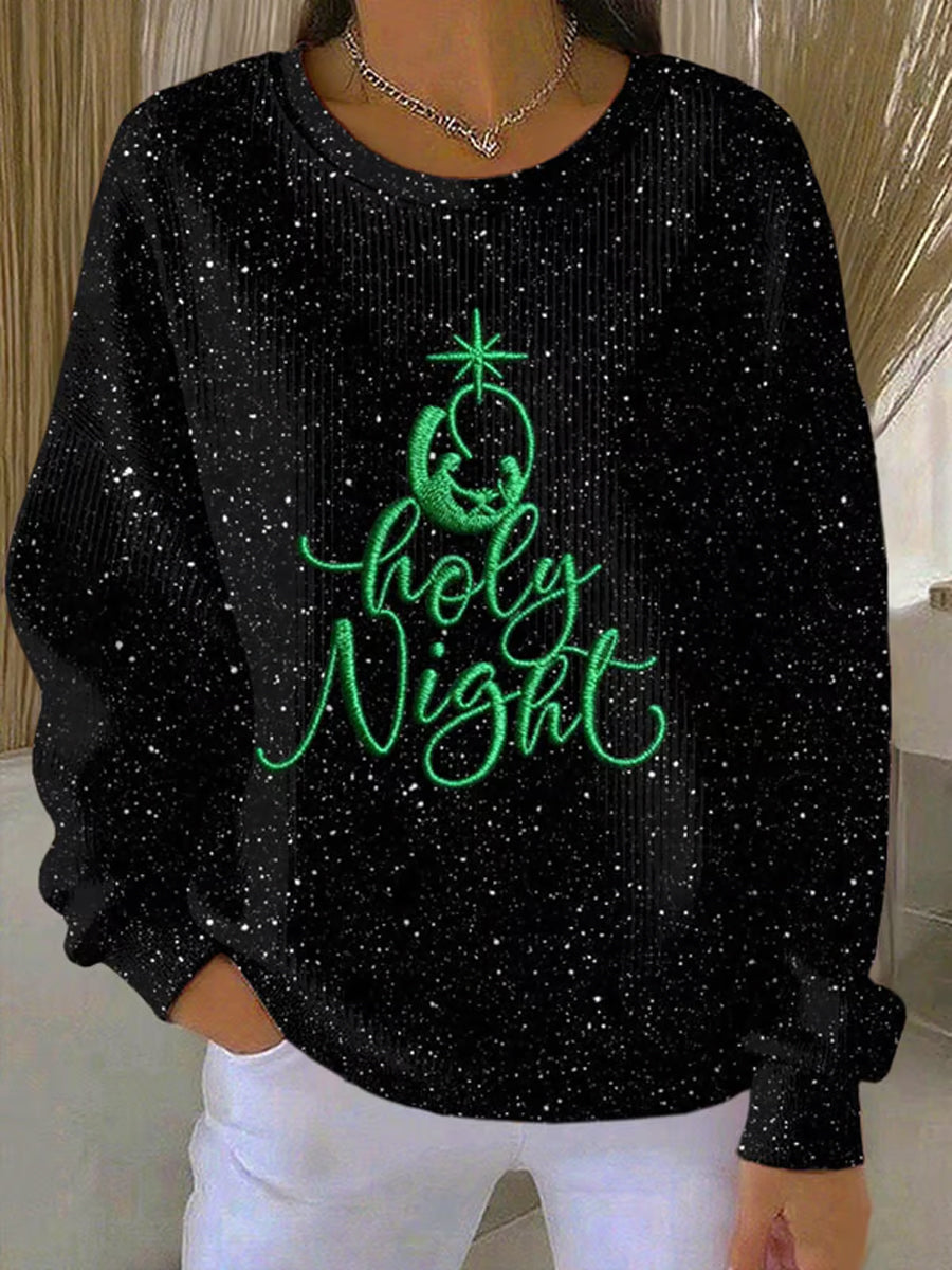 Women's Christmas Oh Holy Night Ribbed Round-Neck Sweatshirt