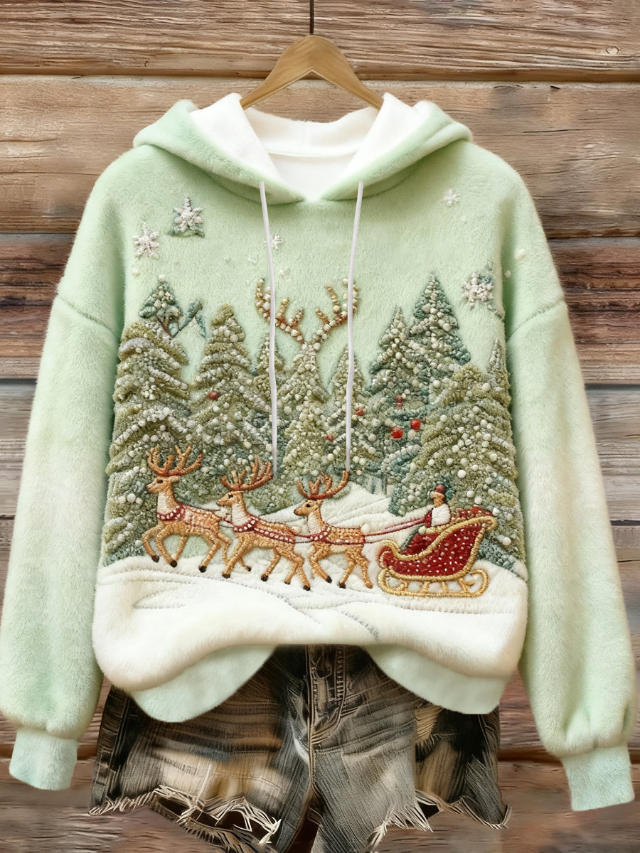 Women's Christmas Santa Claus Reindeer Print Casual Flannel Hoodie