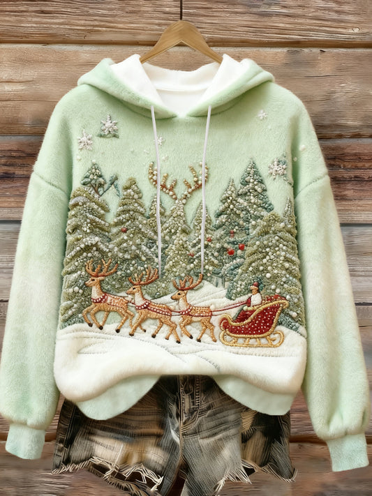 Women's Christmas Santa Claus Reindeer Print Casual Flannel Hoodie