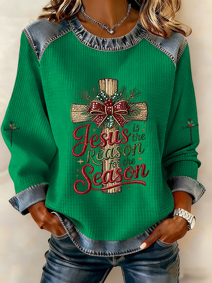 Women's Jesus Is The Reason For The Season Cross Denim Patchwork Top