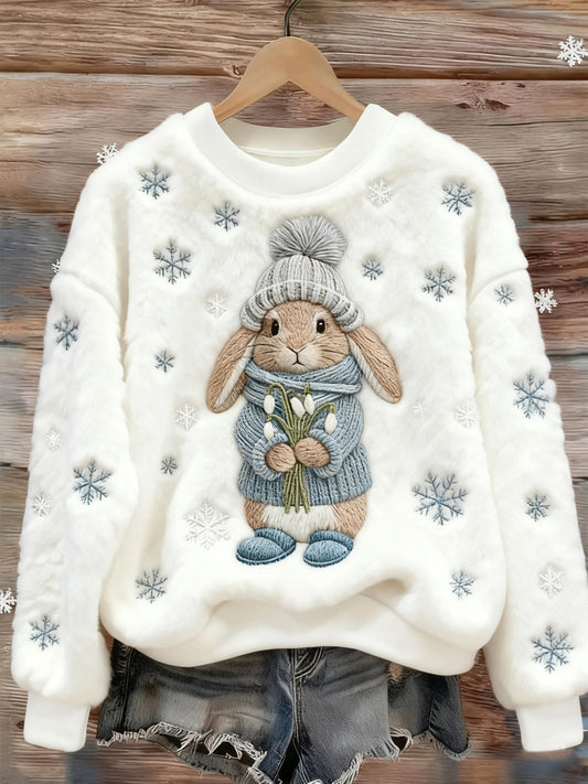 Women's Cute Winter Rabbit Print Casual Flannel Sweatshirt