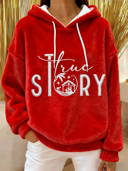 Women's True Story The Greatest Gift Of All Jesus Nativity Christian Christmas Casual Flannel Hoodie