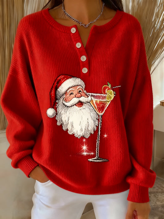 Women's Retro Christmas Santa Claus Cocktail Print Long-sleeve Sweater