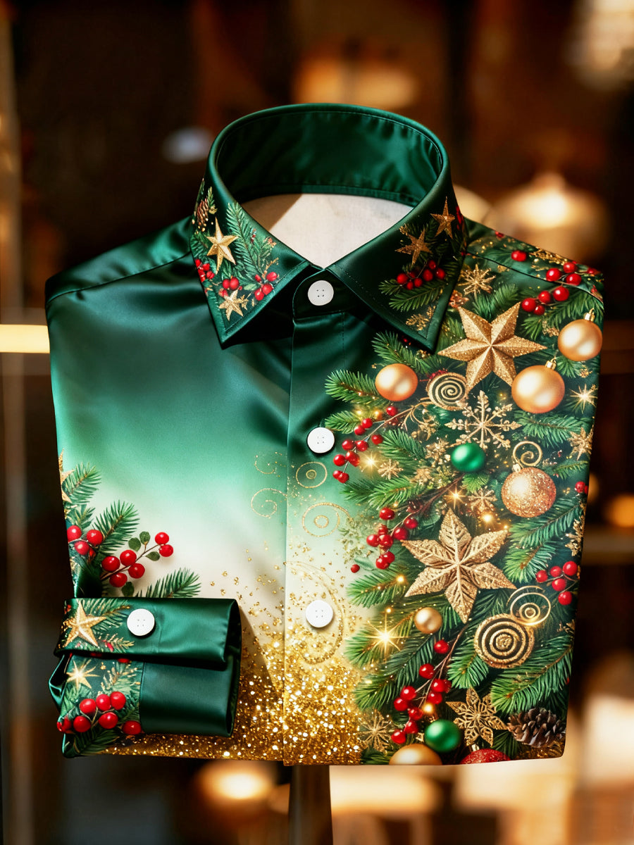 Retro Christmas Shimmering Tree Premium Satin Long-Sleeve Shirt