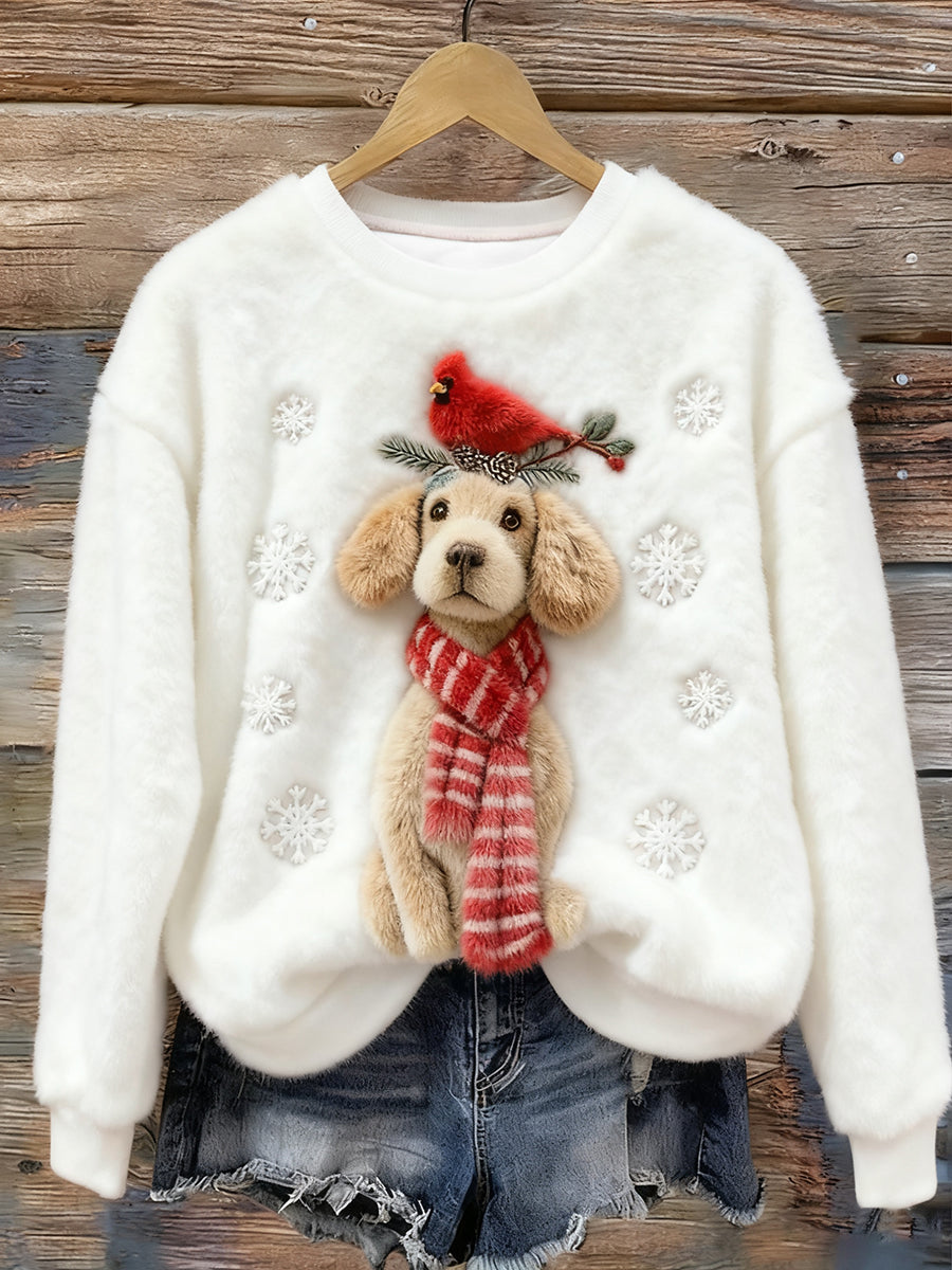 Women's Christmas Cute Dog And Birds Art Flannel Hoodie