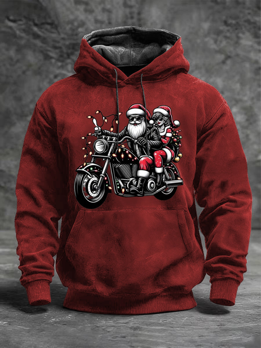 Men's Red Santa Couple Motorcycle Print Hoodie