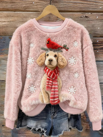 Women's Christmas Cute Dog And Birds Art Flannel Hoodie