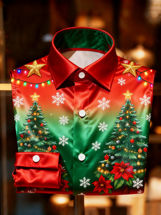 Retro Christmas Tree Gradient Premium Satin Long-Sleeve Shirt