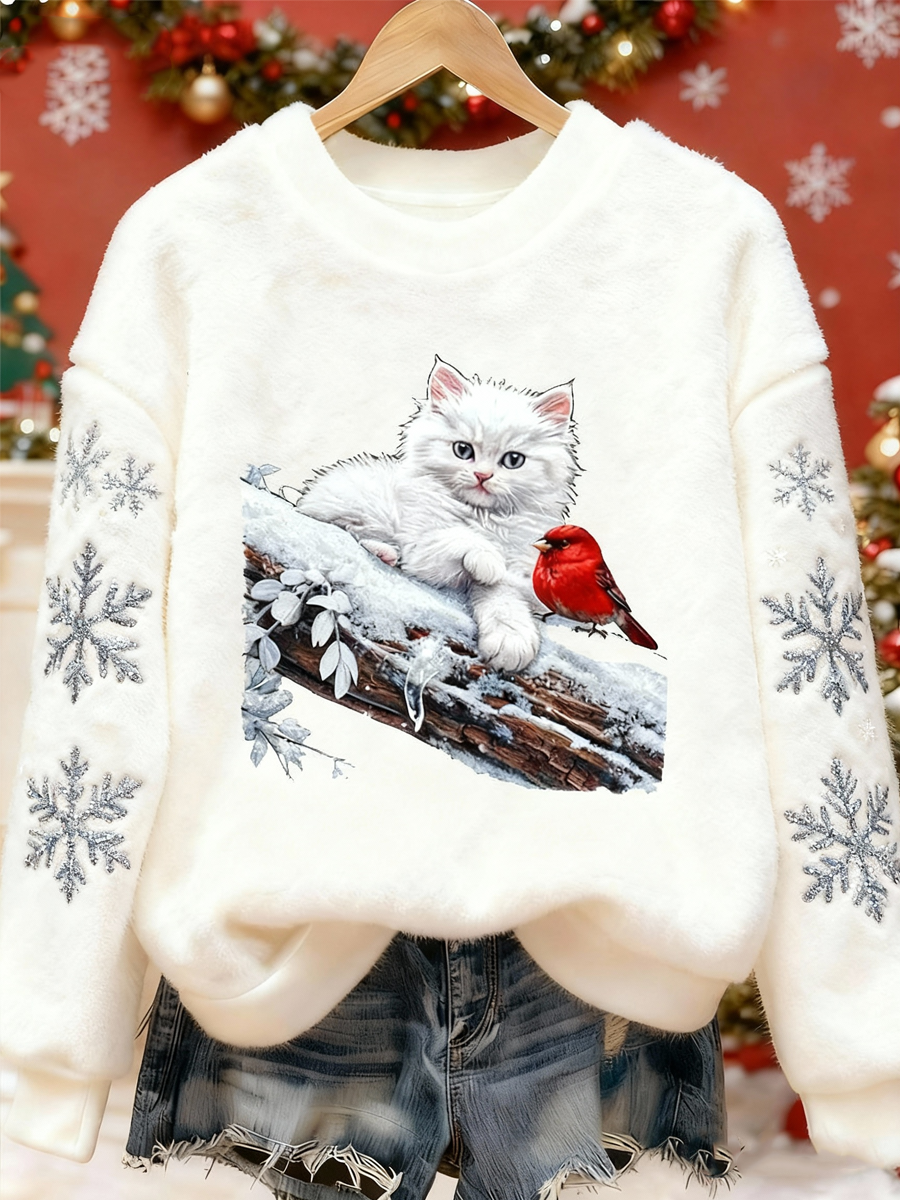 Women's  Cat and Northern Cardinal Christmas Print Flannel Hoodie