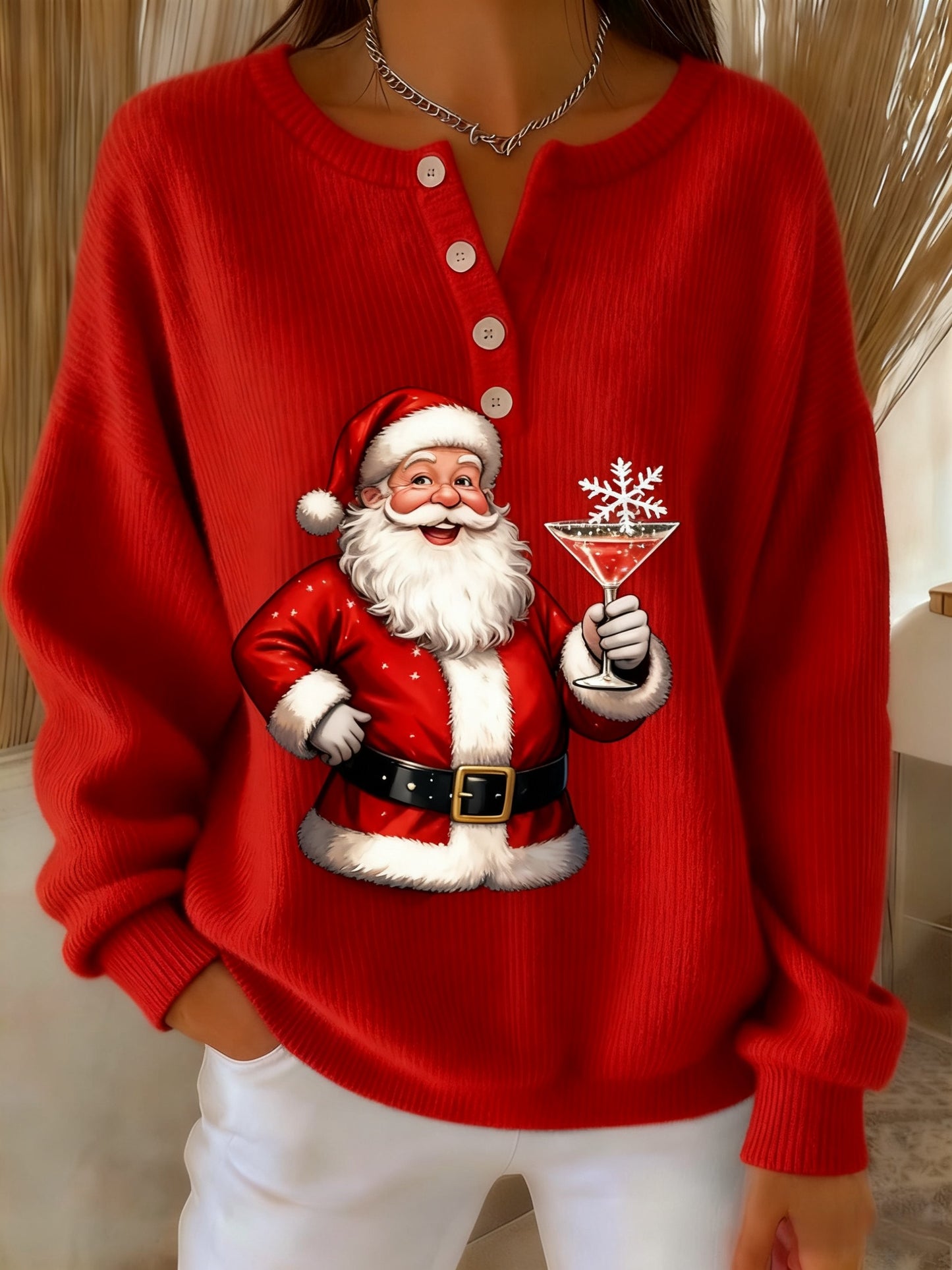 Women's Retro Christmas Santa Claus Cocktail Print Long-sleeve Sweater