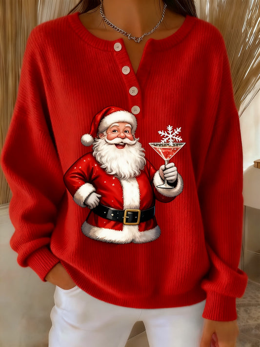 Women's Retro Christmas Santa Claus Cocktail Print Long-sleeve Sweater