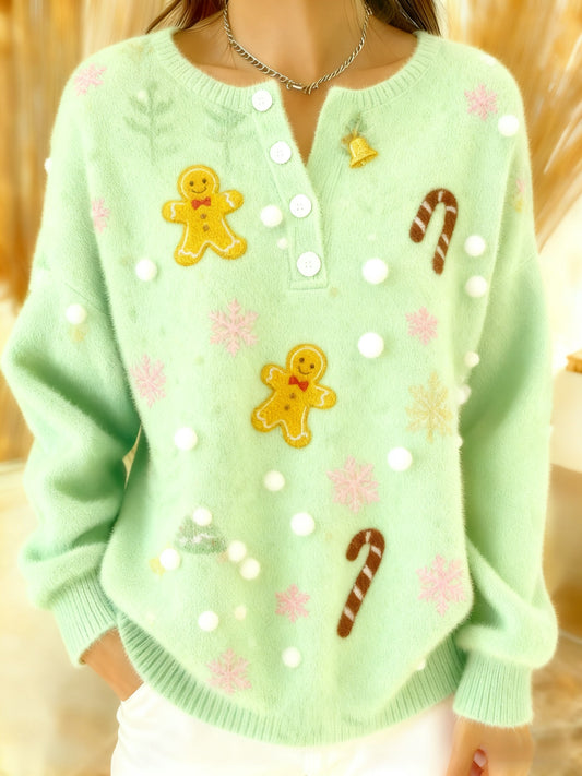 Women's Vintage Christmas Gingerbread Man Print Long-sleeve Sweater