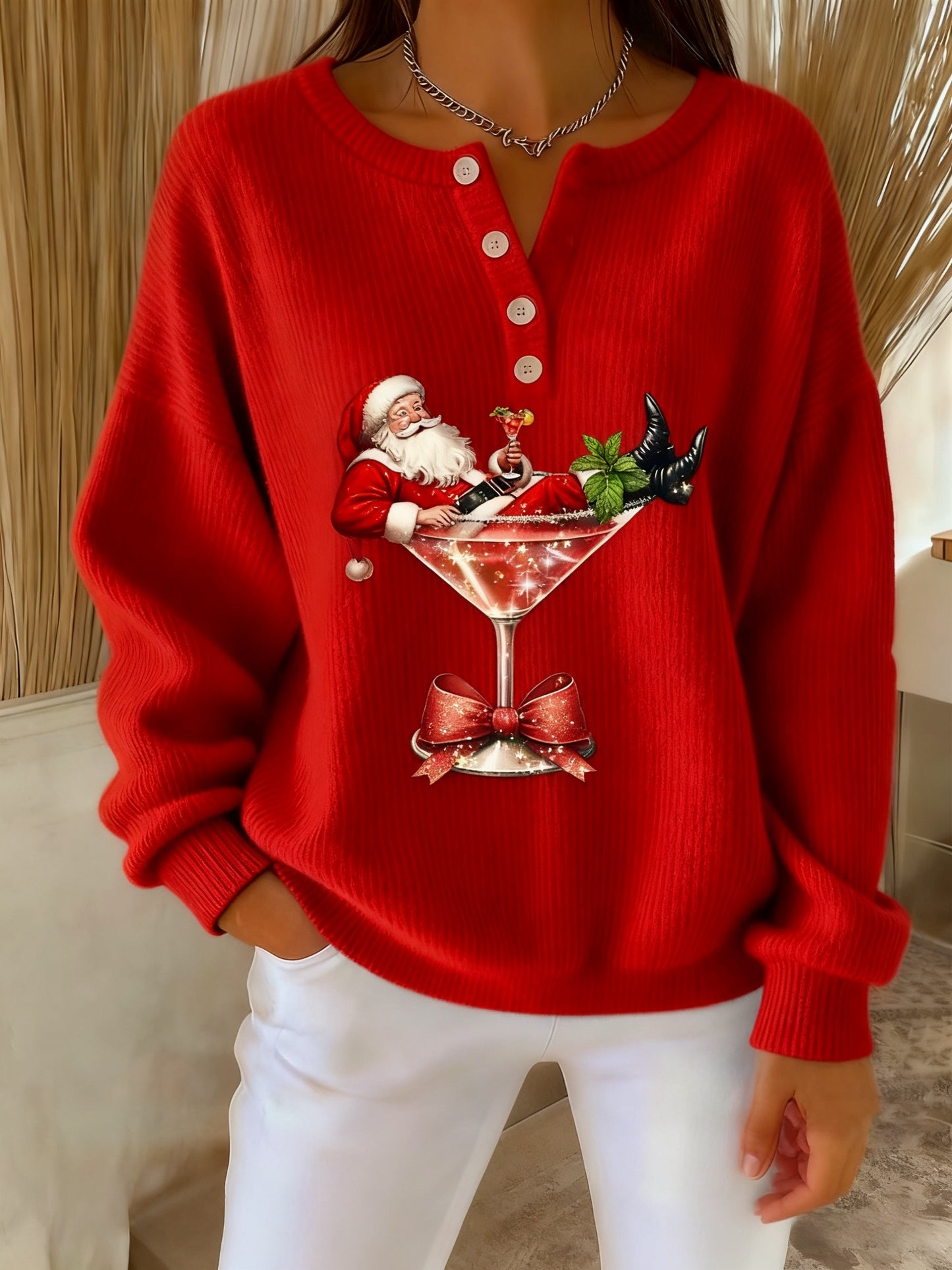 Women's Retro Christmas Santa Claus Cocktail Print Long-sleeve Sweater