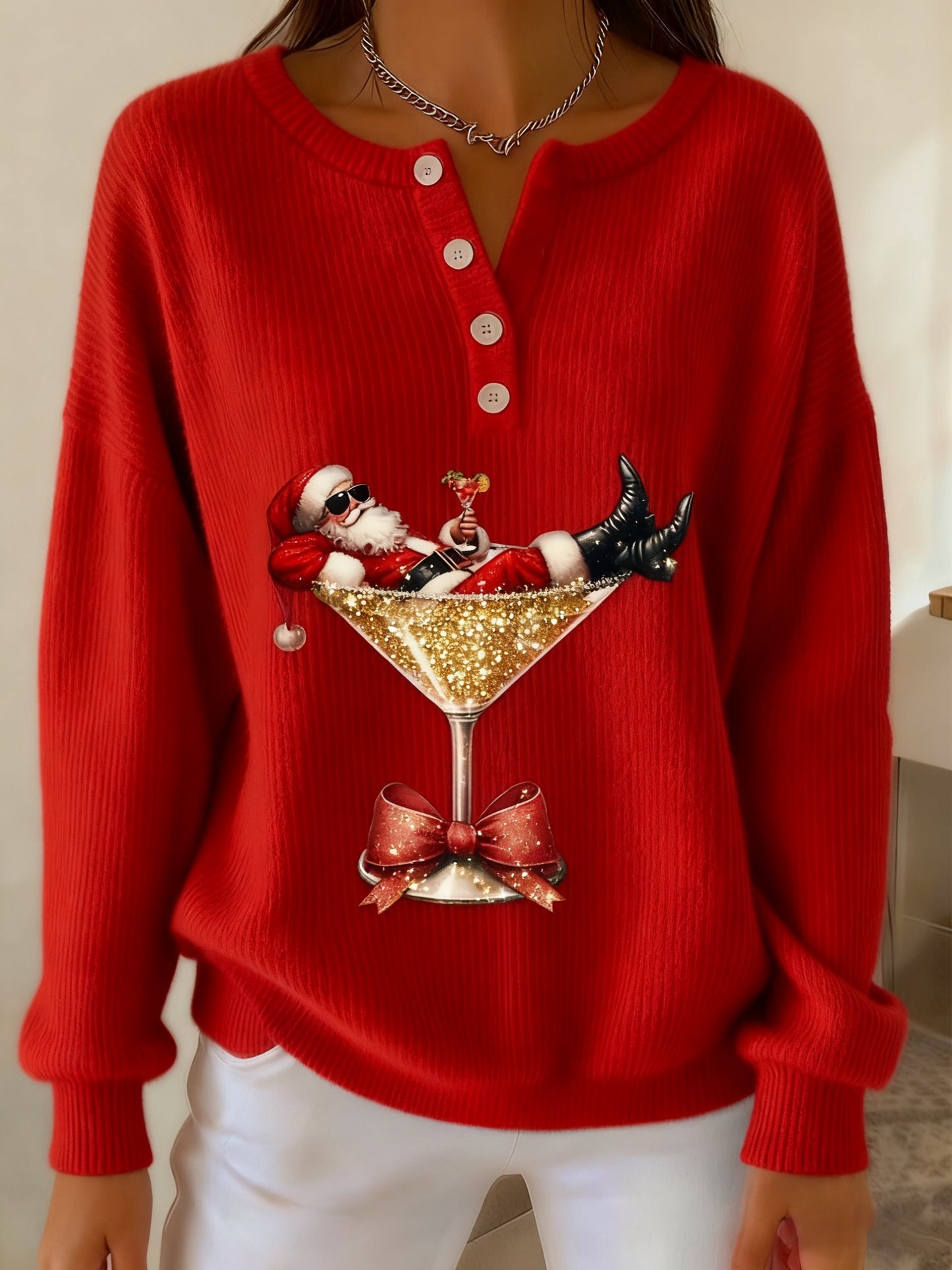 Women's Retro Christmas Santa Claus Cocktail Print Long-sleeve Sweater