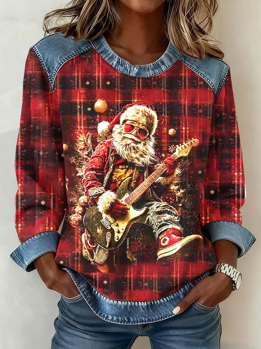 Women's Christmas Tree Plaid Punk Santa Claus Print Casual Denim Patchwork Top