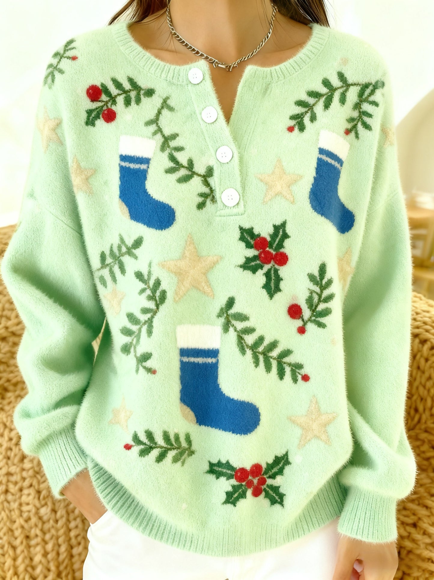 Women's Vintage Christmas Floral Socks Print Long-sleeve Sweater