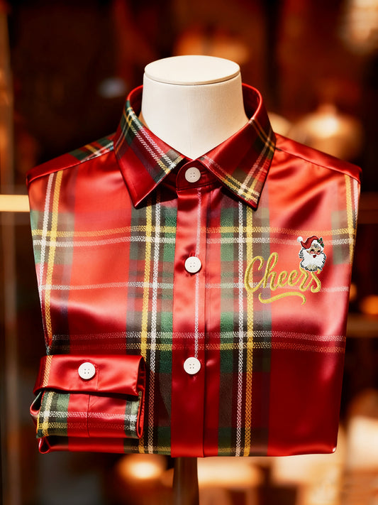 Vintage Christmas Red Plaid Premium Satin Long-Sleeve Shirt