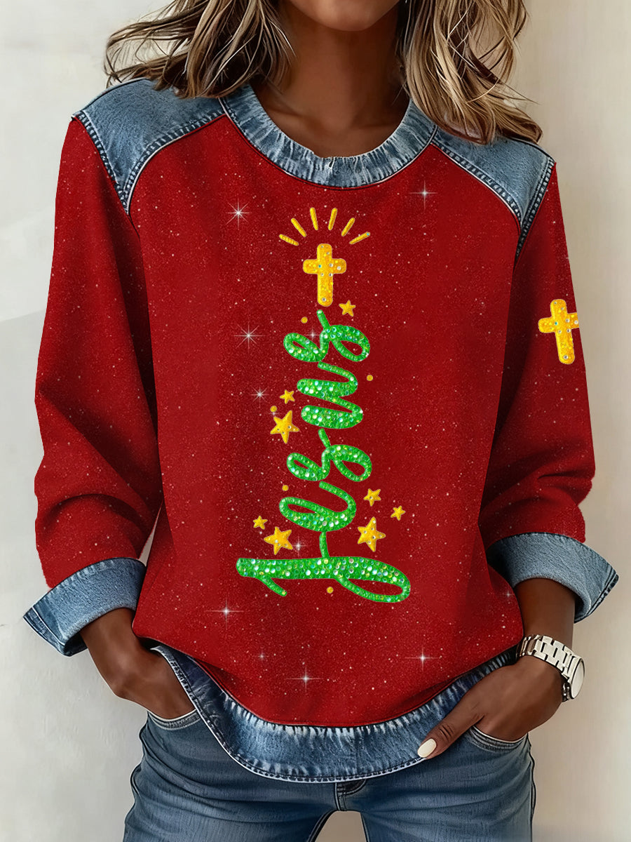 Women's Christmas Belief Pattern Patchwork Art Sweatshirt